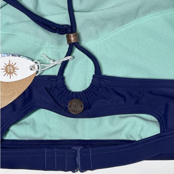 Prana Brina Halter Bikini Swim Top High Neck Size L Navy Blue Designer UPF 50+ - Picture 5 of 9